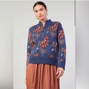 Current Air Anthropologie Sweater Jacquard Half Zip Denim Blue Multi Size Medium